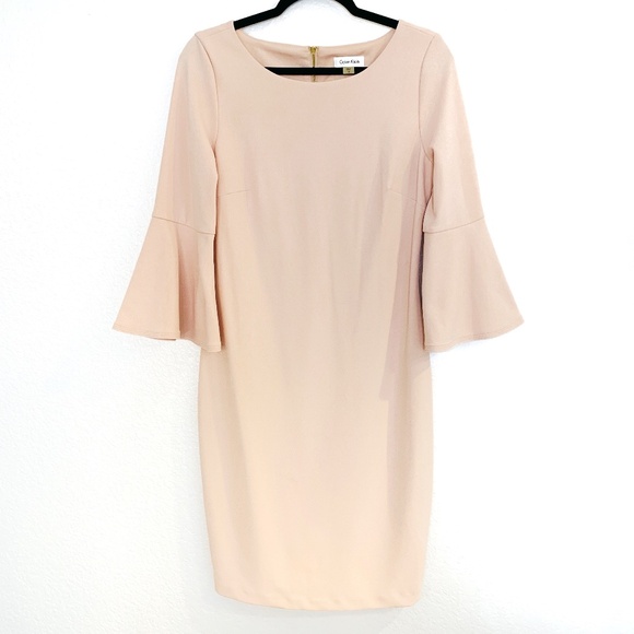 Calvin Klein Blush Pink Crepe Sheath Dress Size 10 Bell Sleeve Full Zipper Back - Picture 2 of 15